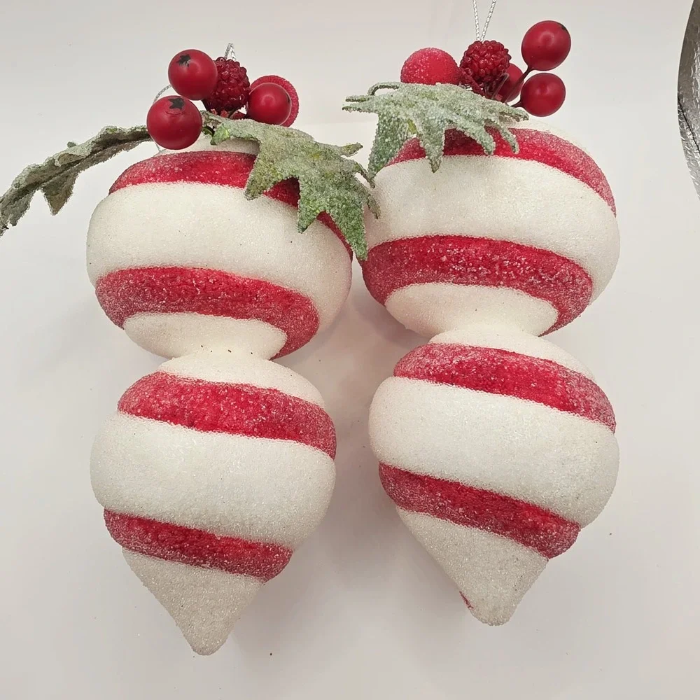 2 pc Red & White Peppermint Striped Shatterproof Sugared Teardrop Xmas Ornaments